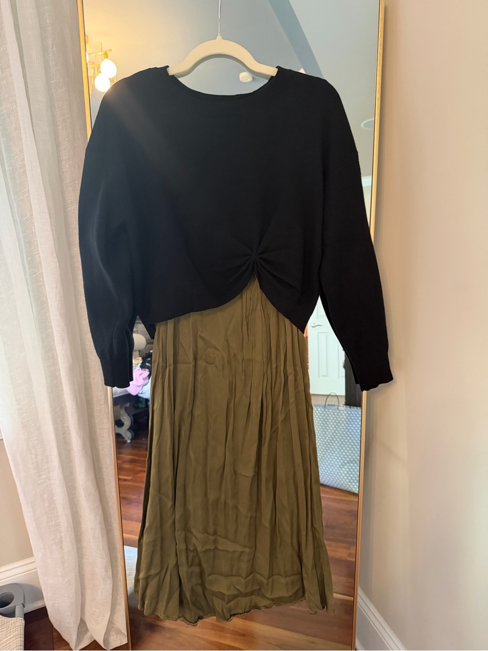 Anthropology -“twofer” black Twist-Front Sweater with Olive Green Pleated Skirt